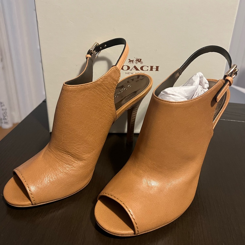 Coach Camel Leather Open-Toe Heels